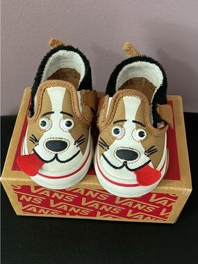Vans Kids Brown & White Dog Face Slip-On Sneakers with Red Tongue Detail